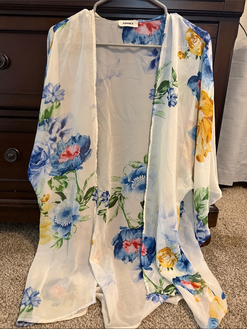 Adora White Floral Sheer Kimono with Blue and Yellow Flowers